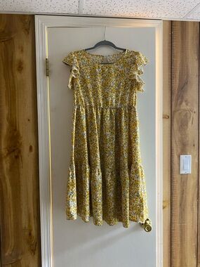 Yellow Floral Midi Dress with Ruffle Sleeves